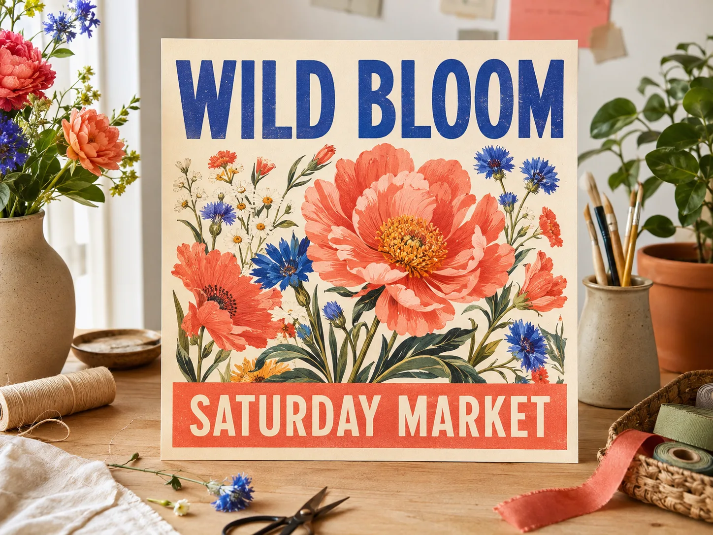 Botanical Saturday Market poster with a bold headline, clear event line, and balanced floral layout