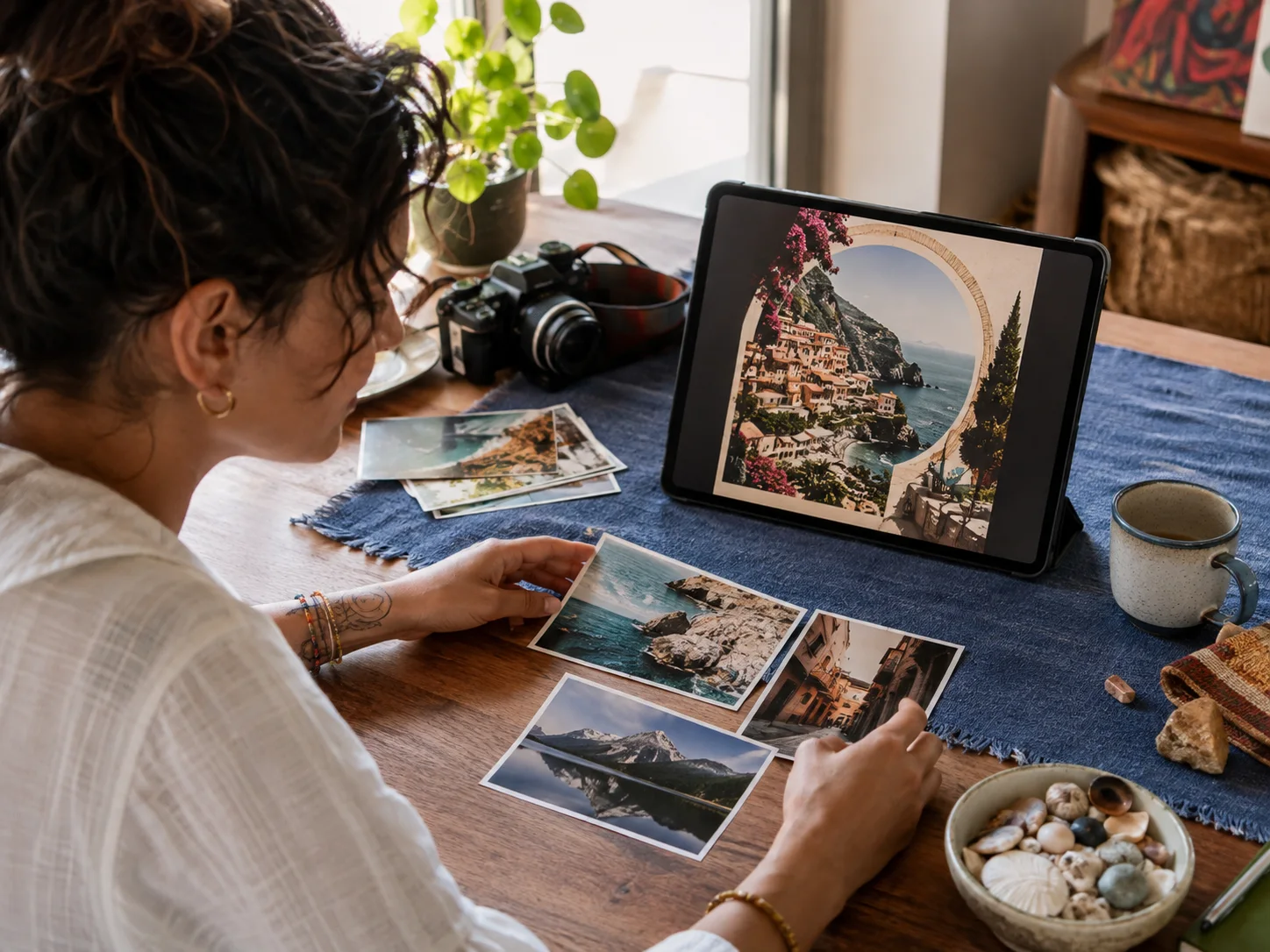 Traveler reviewing a focused image revision on a tablet while the original printed photos remain nearby