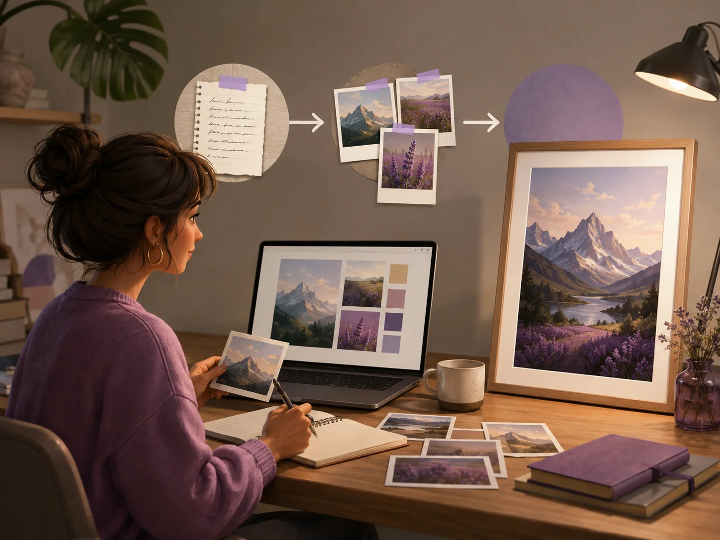 Concept illustration of a home creator combining a written idea and reference photos into a finished image workflow