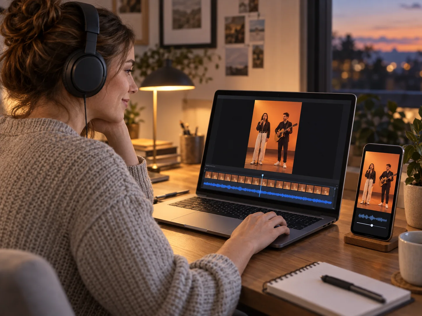 Creator reviewing a two-person performance video and audio waveform