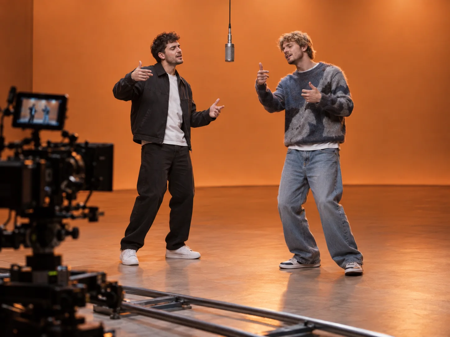 Two performers in a warm studio with a cinema camera