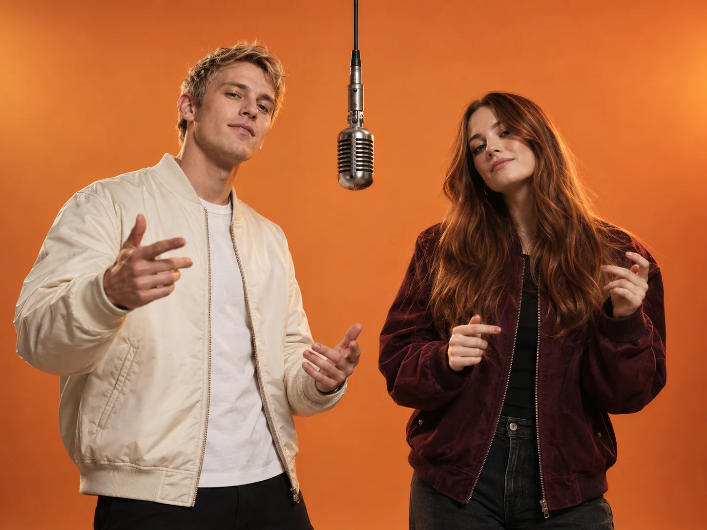 Two distinct performers on opposite sides of a suspended microphone