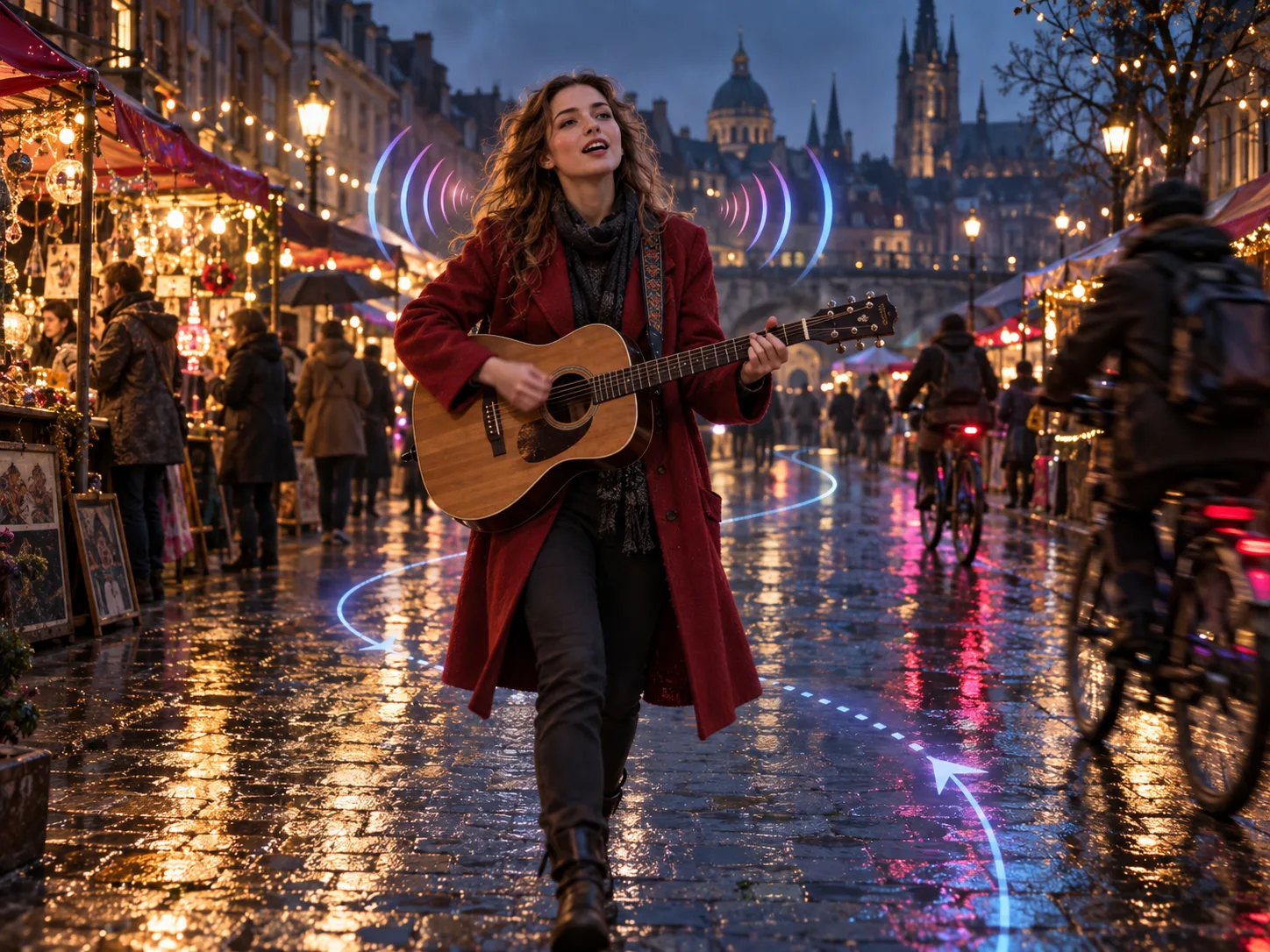 Concept illustration of a street musician moving through a rainy night market with camera-path and stereo-audio cues