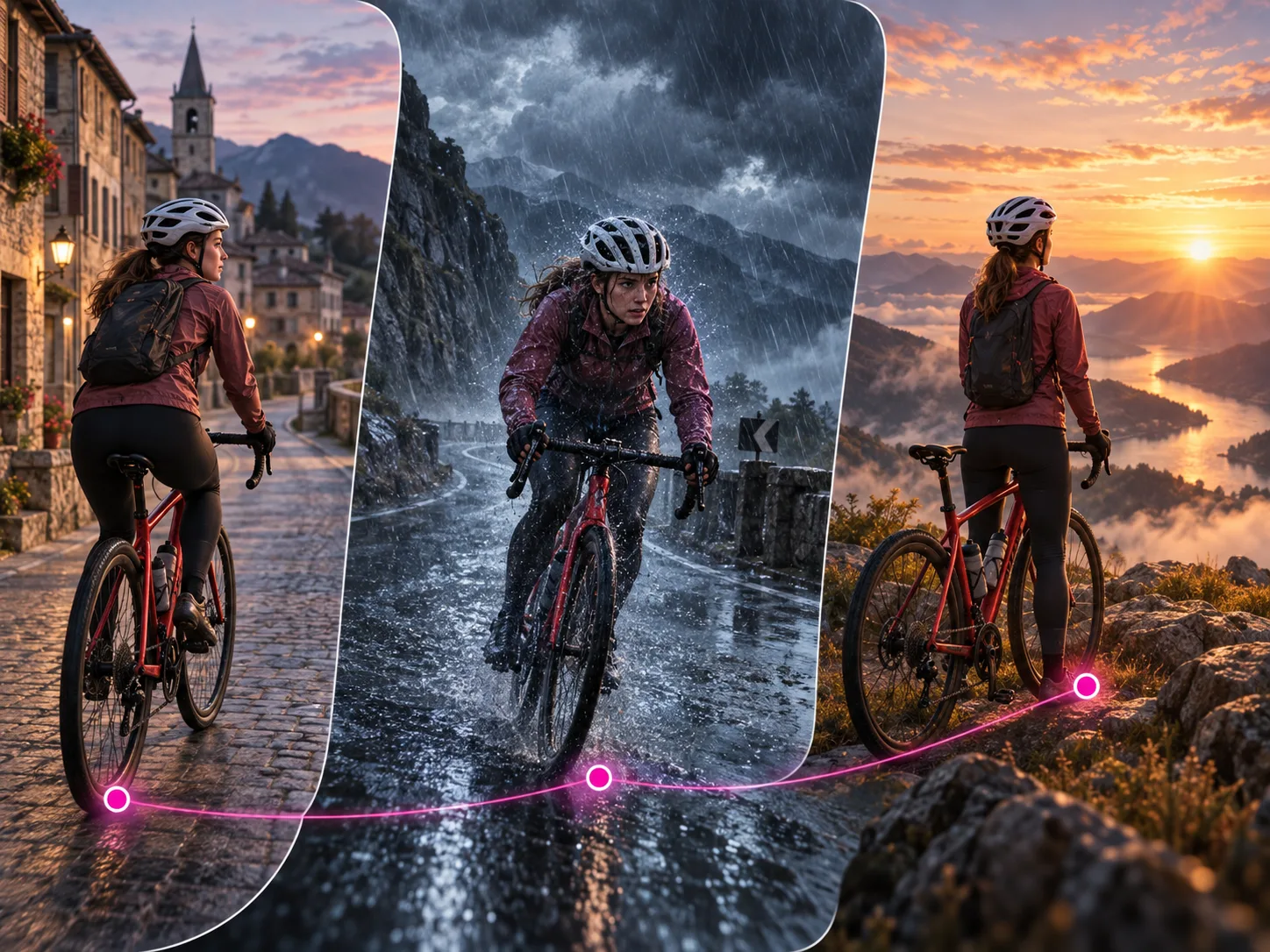Concept illustration of one cyclist progressing from a town through a rainstorm to a sunrise overlook across three connected story frames