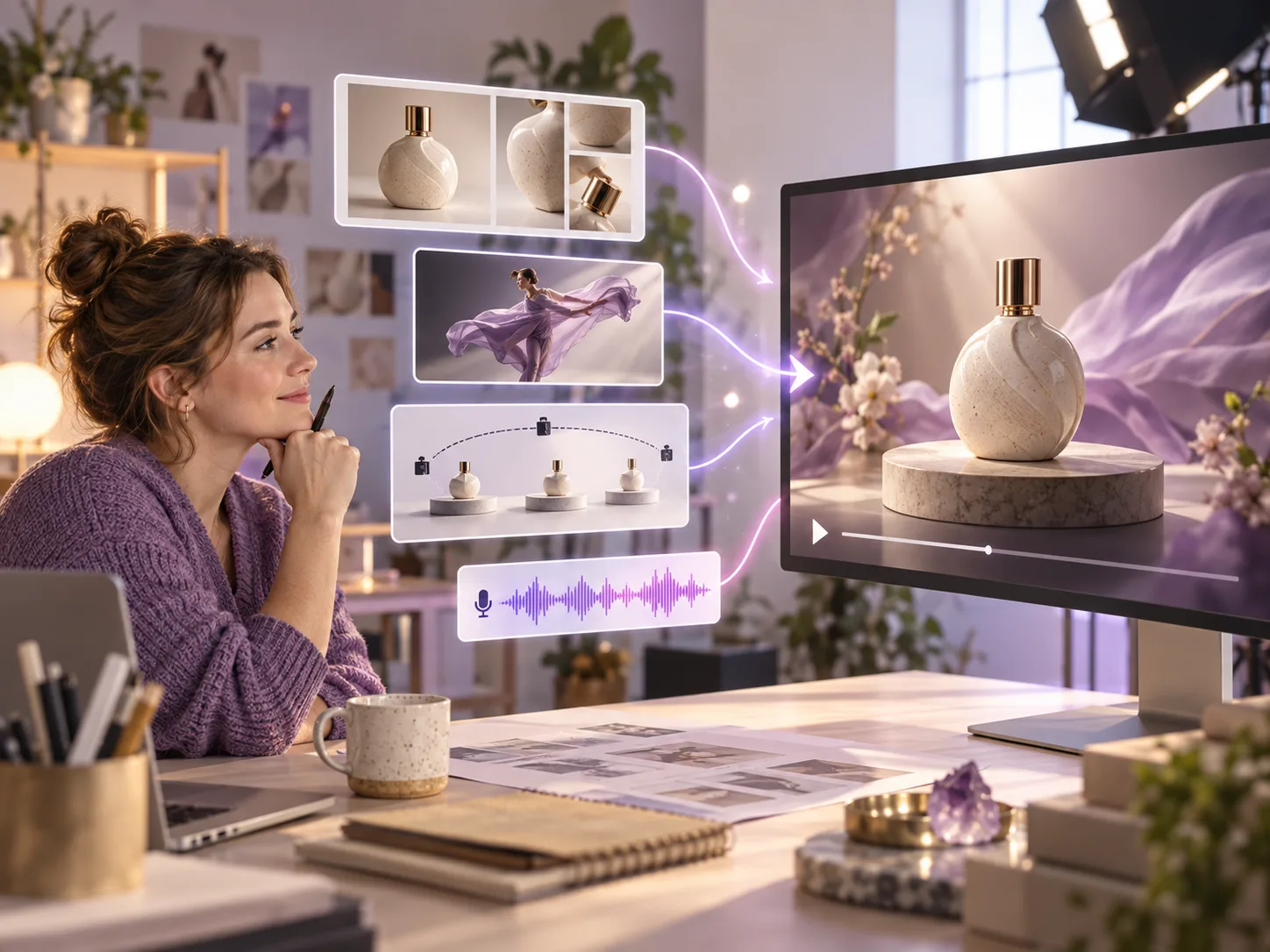 Concept illustration of a small shop owner combining product photos, motion, camera, and voice references into a product video