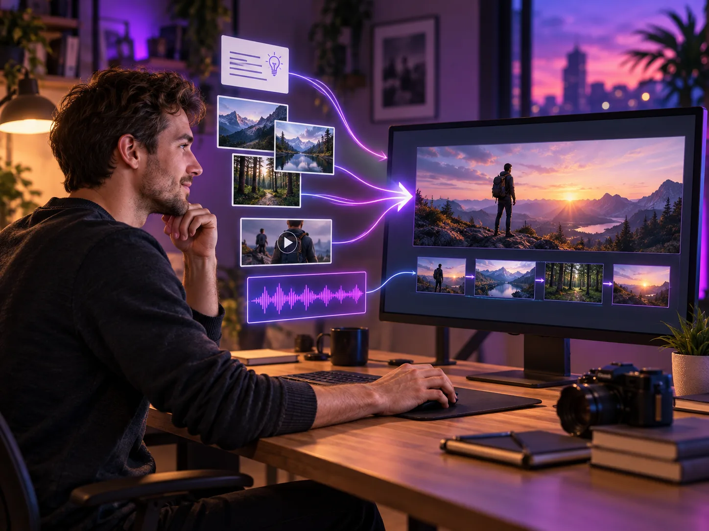 Concept illustration of a home creator combining a written idea, reference images, a video clip, and audio into one finished video sequence