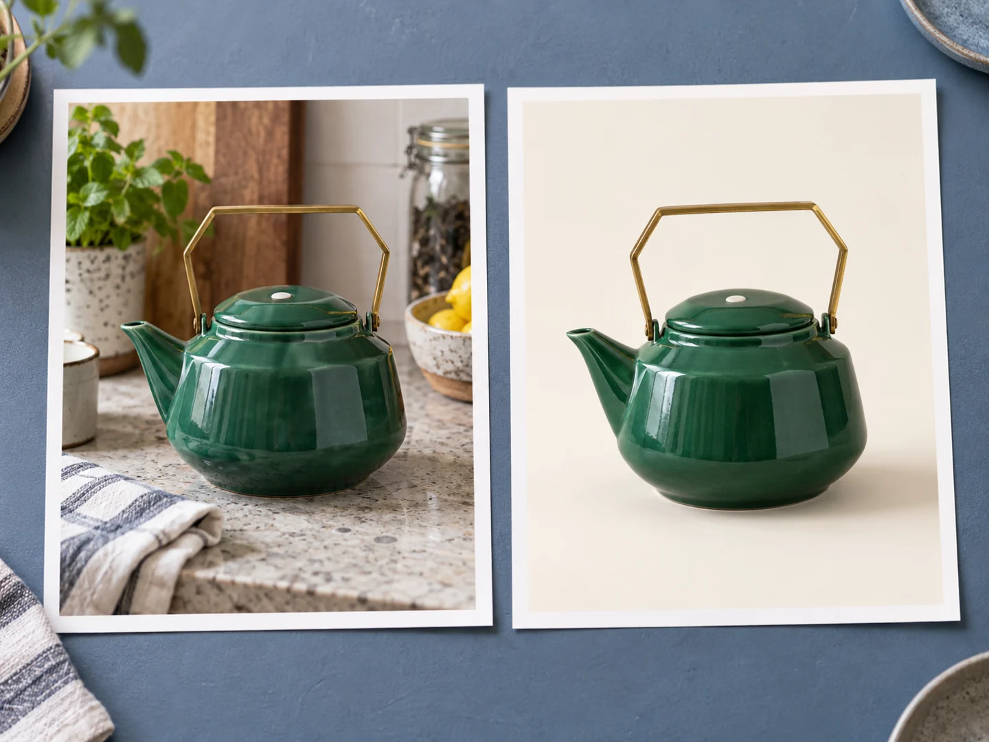 Concept comparison showing an emerald teapot with matching details in a kitchen and on a clean studio background