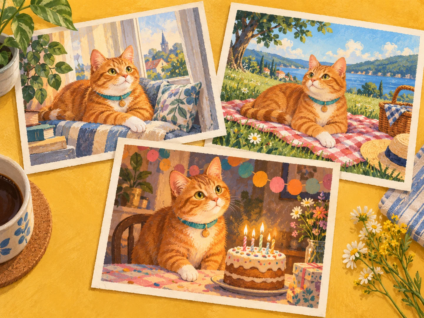 Three illustrated postcards featuring an orange tabby with the same turquoise collar and markings
