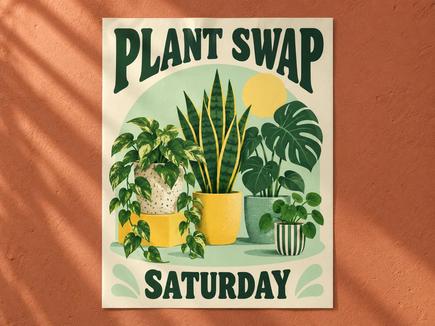 Plant swap poster concept with green illustrations and a clear two-line headline