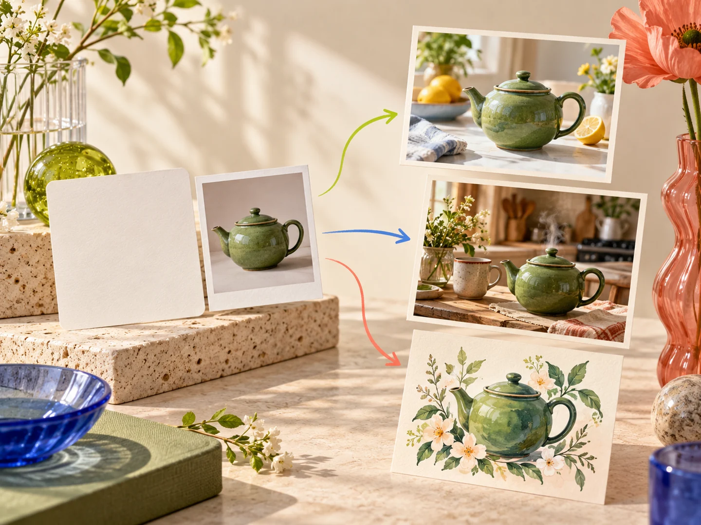 Editorial illustration of a teapot reference and a prompt card becoming three different image ideas
