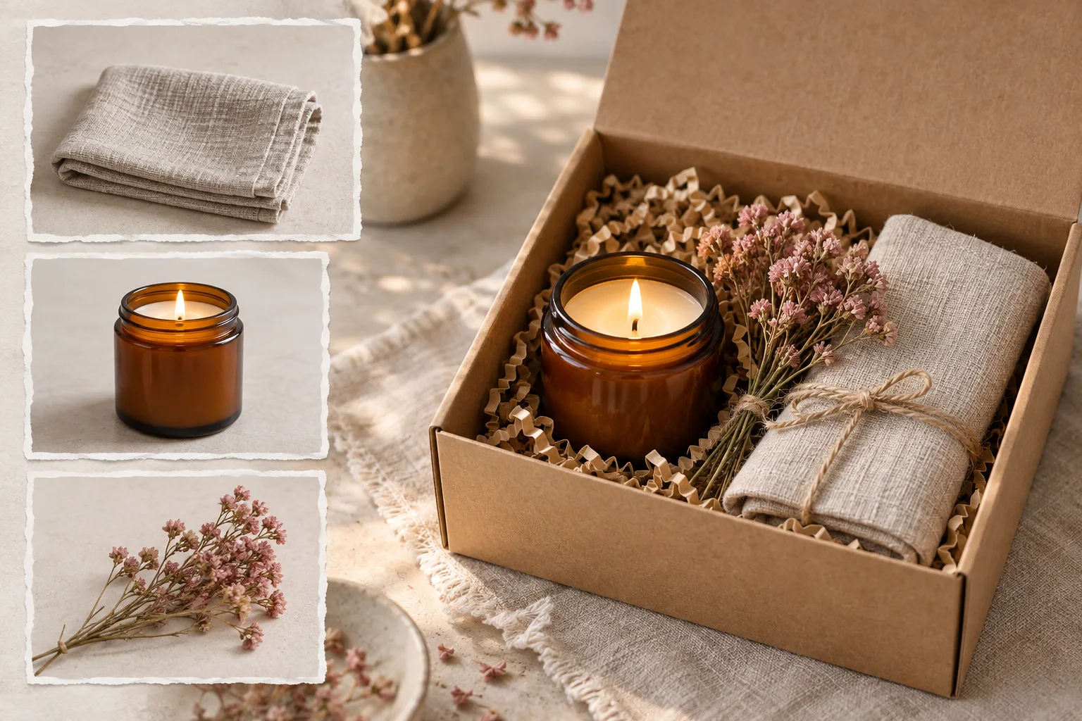 Separate gift items assembled into one coordinated tabletop bundle