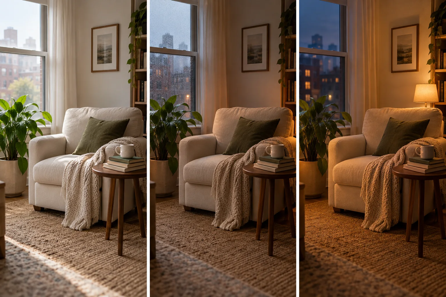 The same reading nook shown in daylight, rainy ambience, and warm evening light