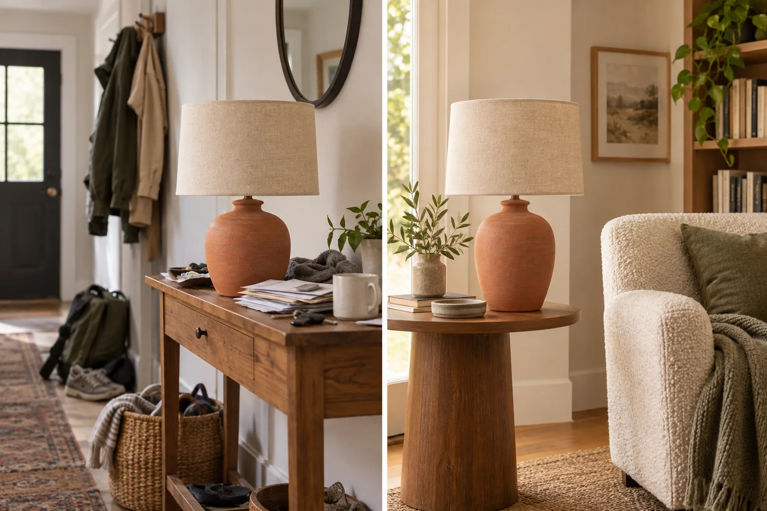 A chair preserved while a cluttered room changes into a clean styled interior