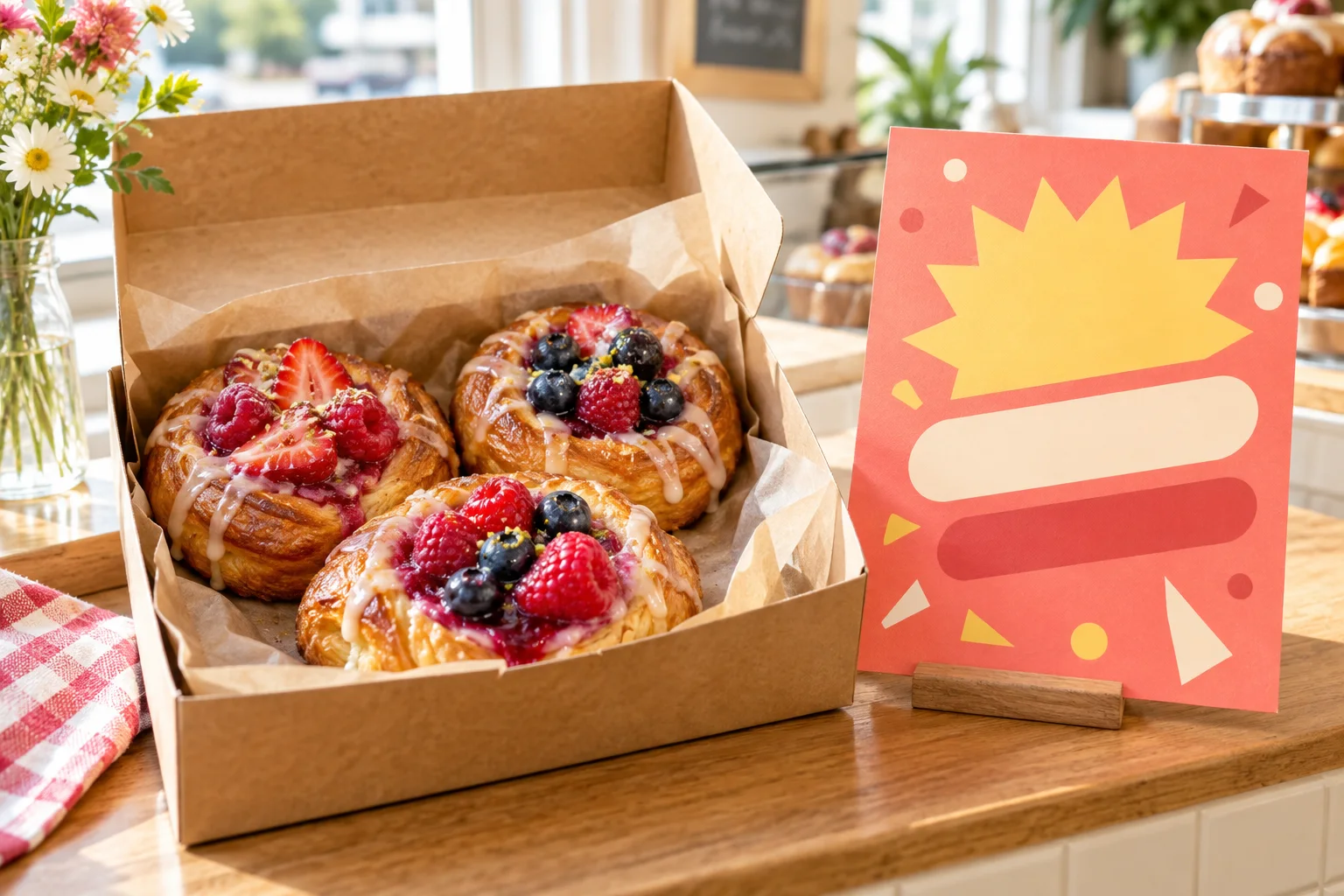 Berry pastries beside a bright abstract promotion card on a bakery counter