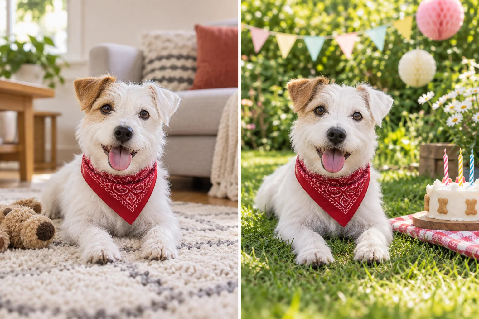 Same white terrier with a tan ear and red bandana at home and at a garden birthday