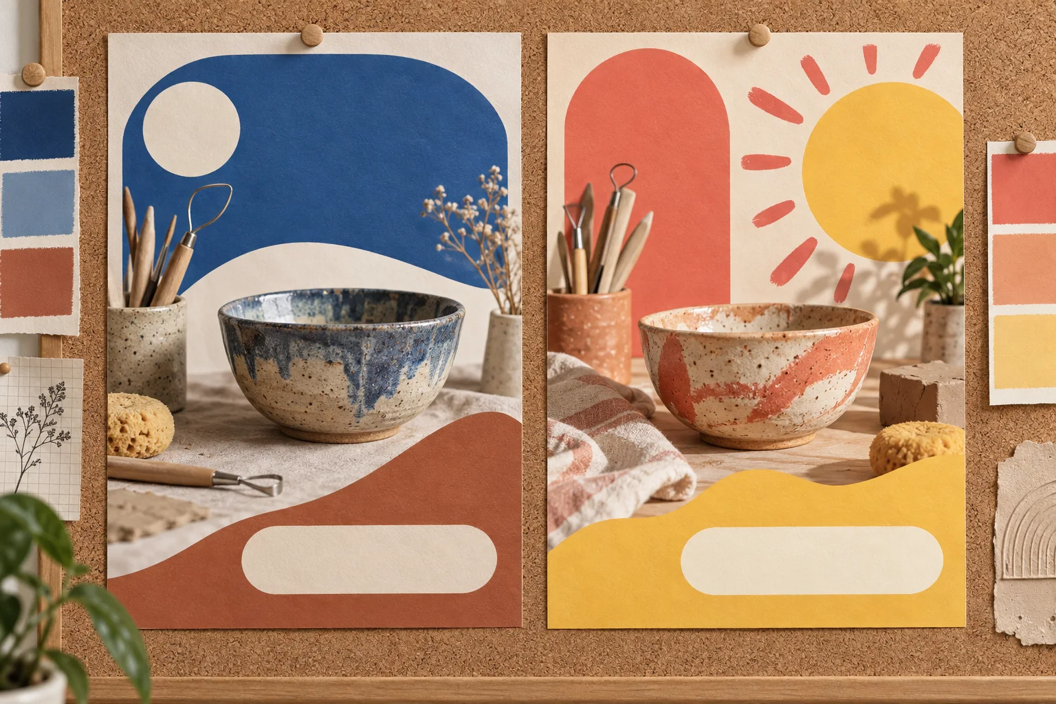 Two pottery workshop poster concepts with different colors and the same event subject