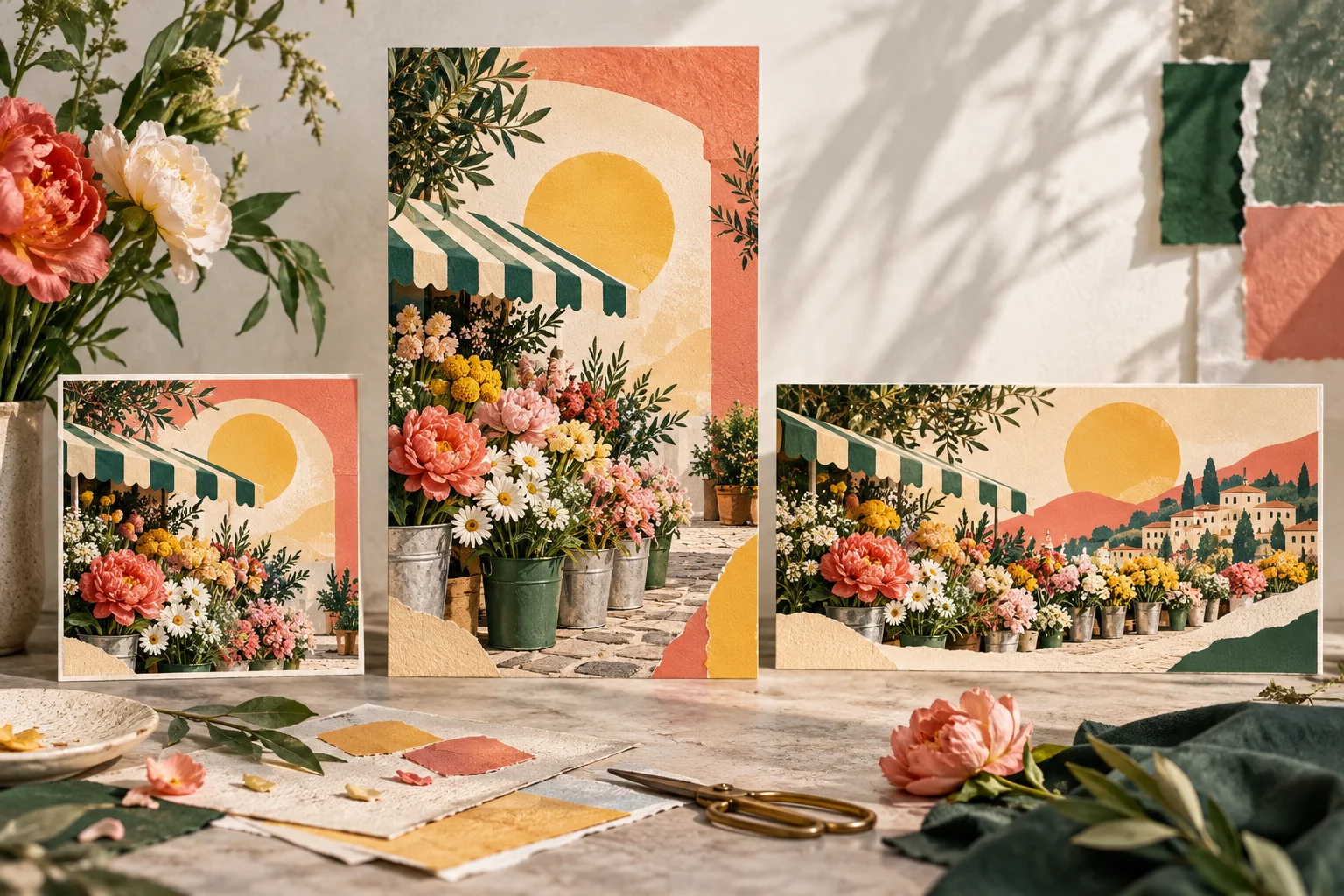 A flower market concept adapted into square, vertical, and wide visual formats