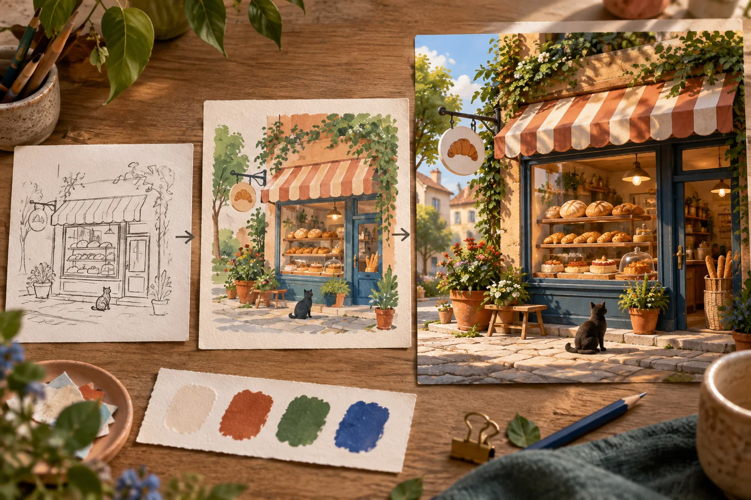A bakery concept developing from a pencil sketch into a richly detailed storefront scene