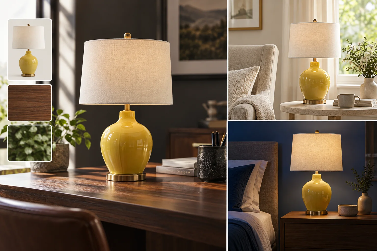 The same yellow ceramic lamp preserved across a desk, reading nook, and evening bedroom