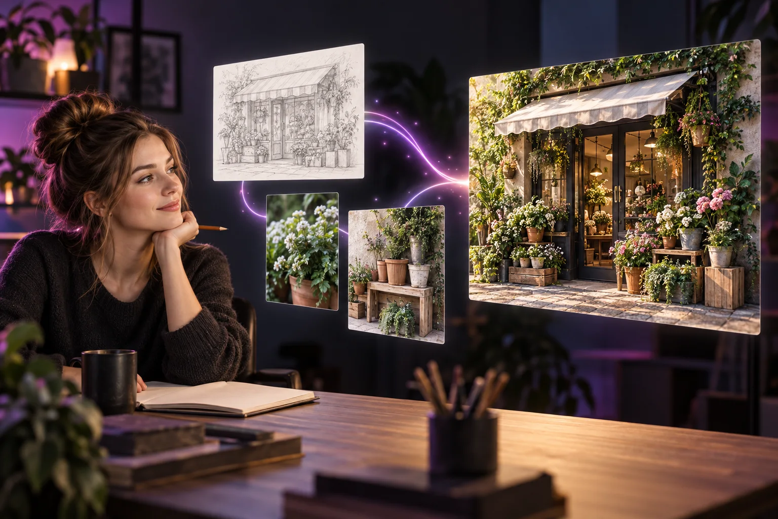Concept illustration of a creator turning a storefront sketch and reference photos into a finished botanical shop image