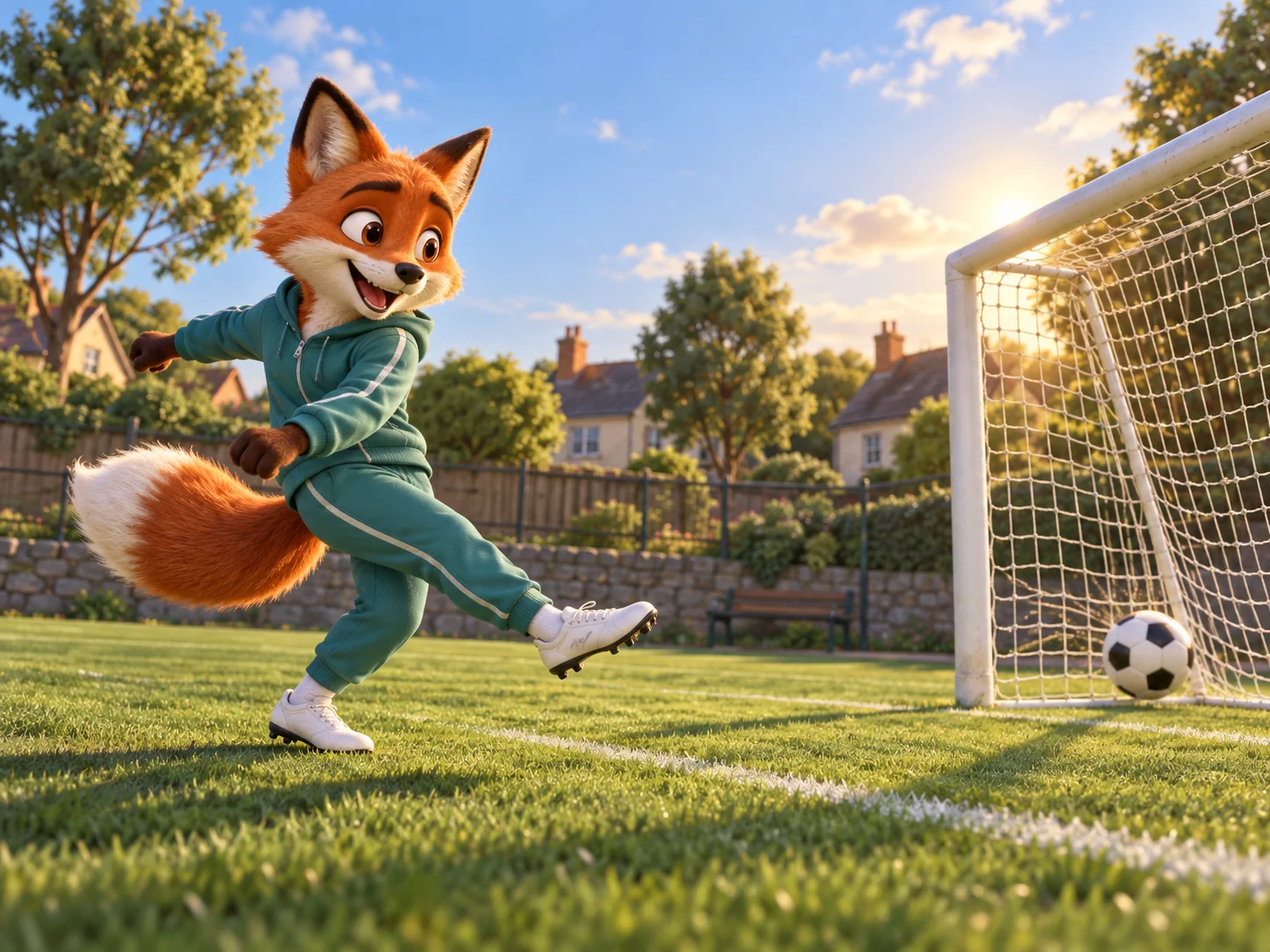 Concept illustration of an original animated fox in a tracksuit scoring on a neighborhood football pitch