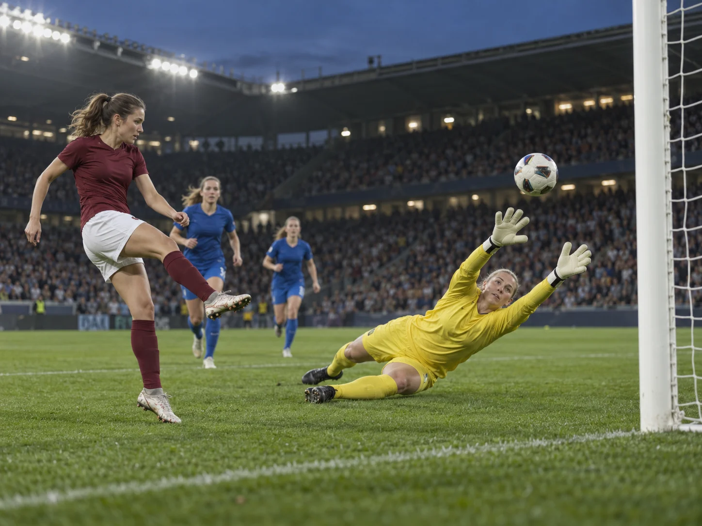 Concept illustration of a woman lifting a football over an approaching goalkeeper under stadium floodlights