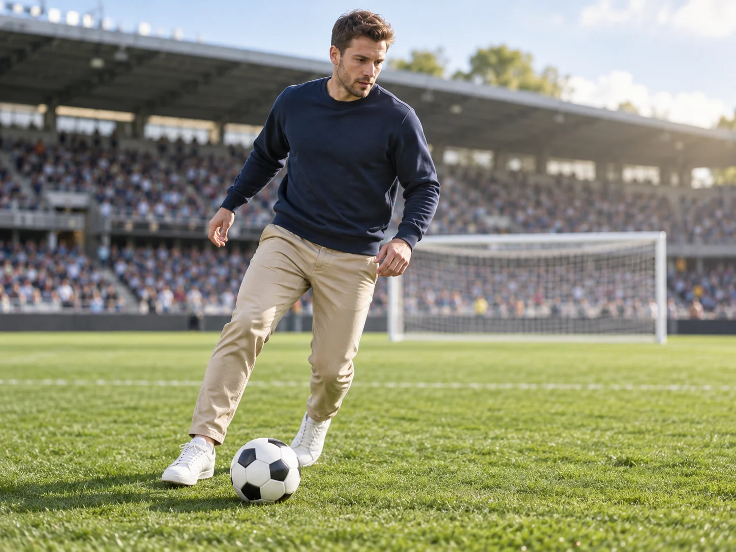 Concept illustration of a man in everyday clothes controlling a football on a stadium pitch