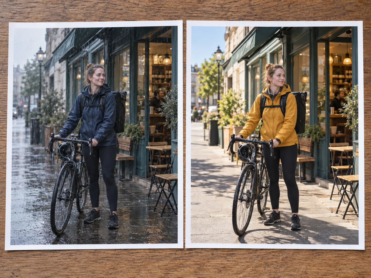 Paired courier photos showing a focused weather and jacket-color edit