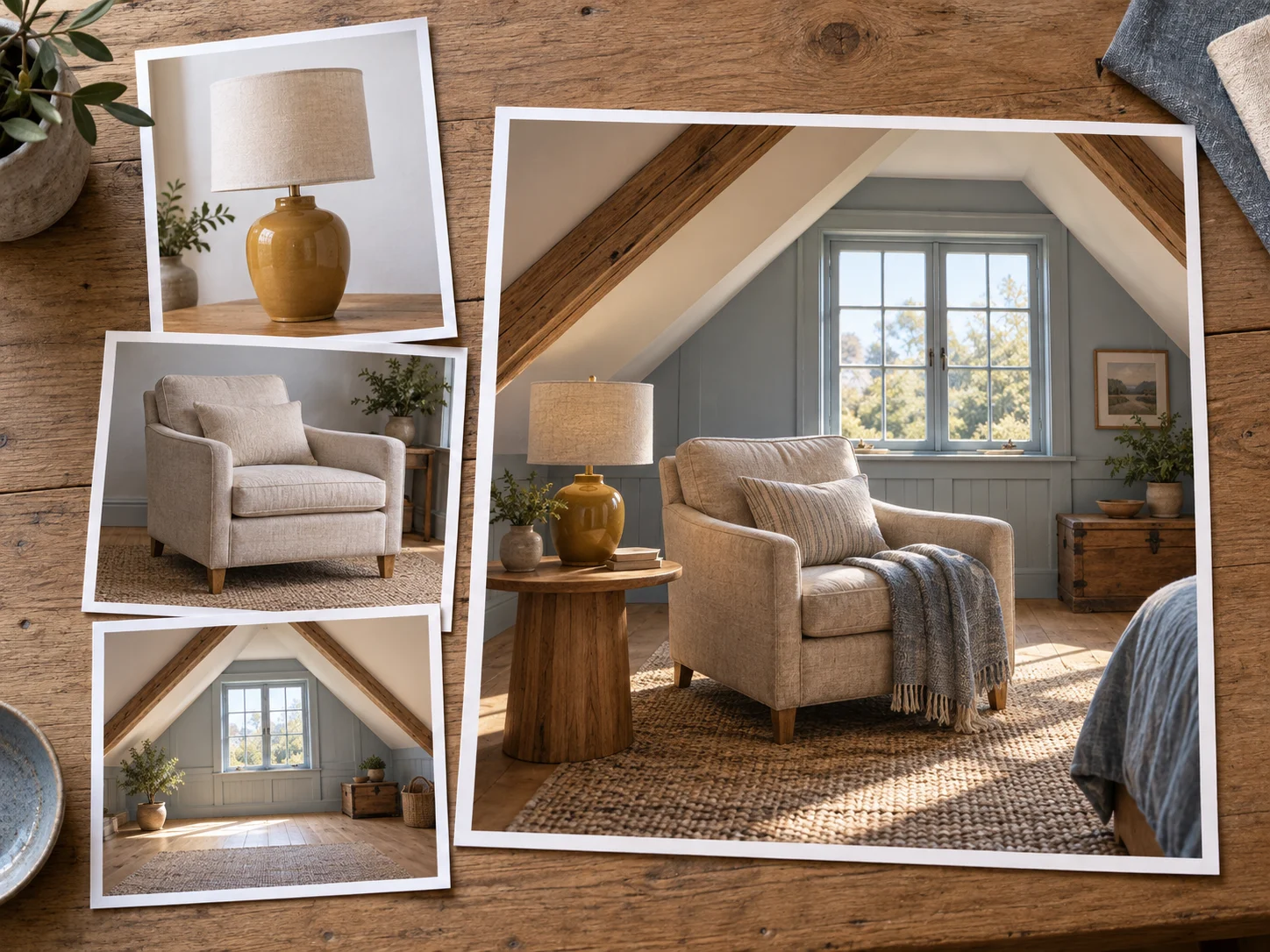Lamp, chair, and attic reference photos combined into one coordinated reading nook