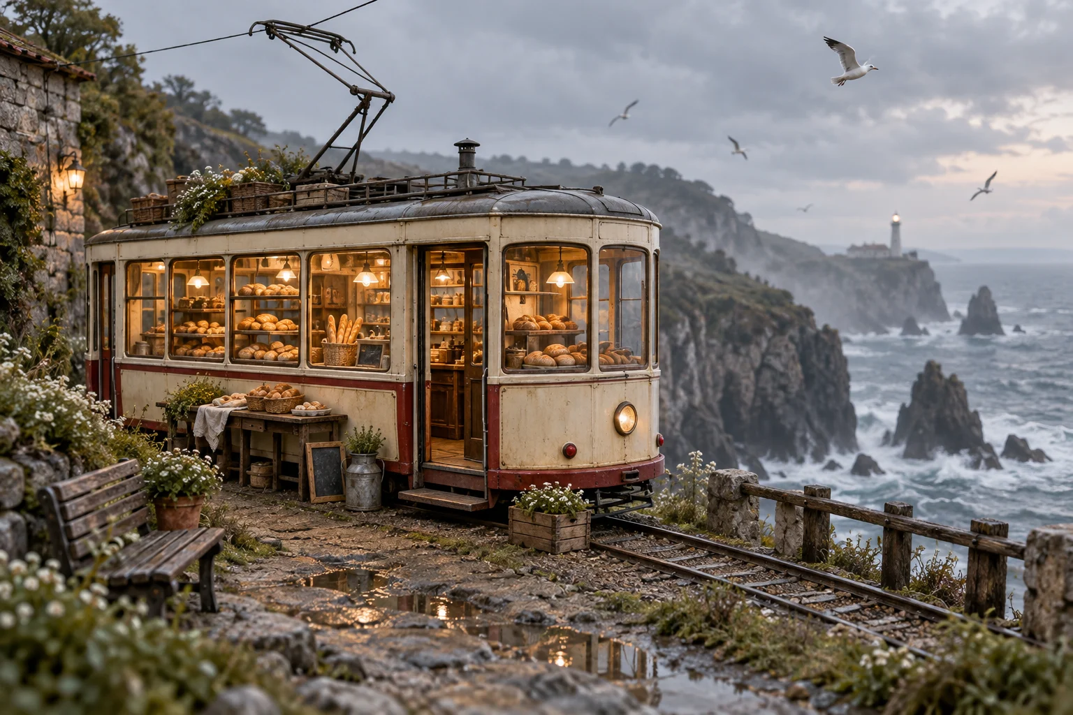 Vintage cream tram converted into a warm bakery beside a misty coastal cliff