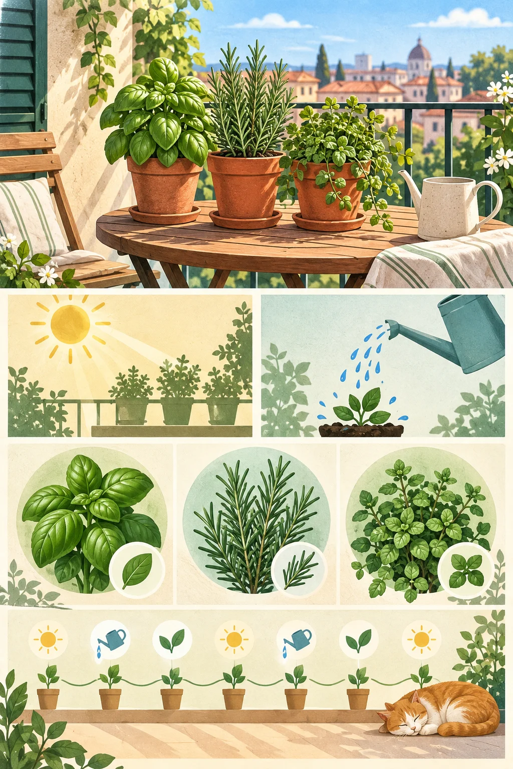 Illustrated balcony herb garden guide with basil, rosemary, watering, and sunlight symbols