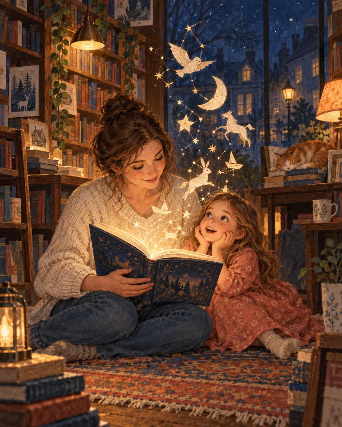 Mother and daughter watching paper constellations rise from a glowing storybook