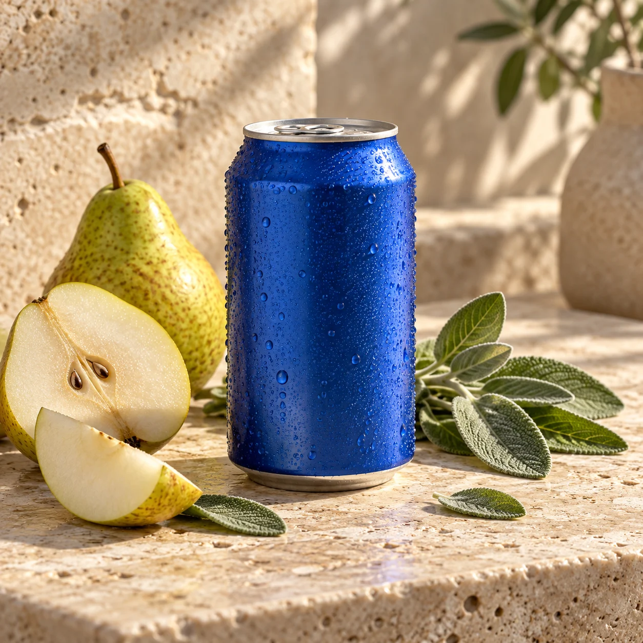 Unbranded cobalt-blue tea can with pear slices and sage on warm stone