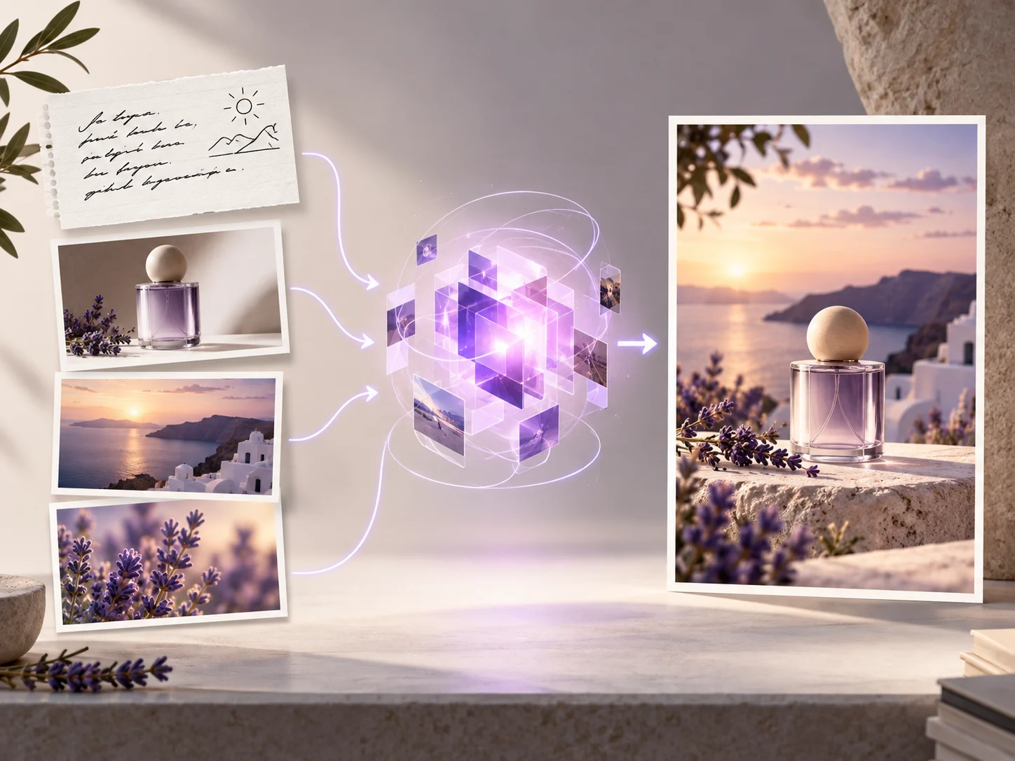 Conceptual workflow combining a written brief and reference photos into one finished product image