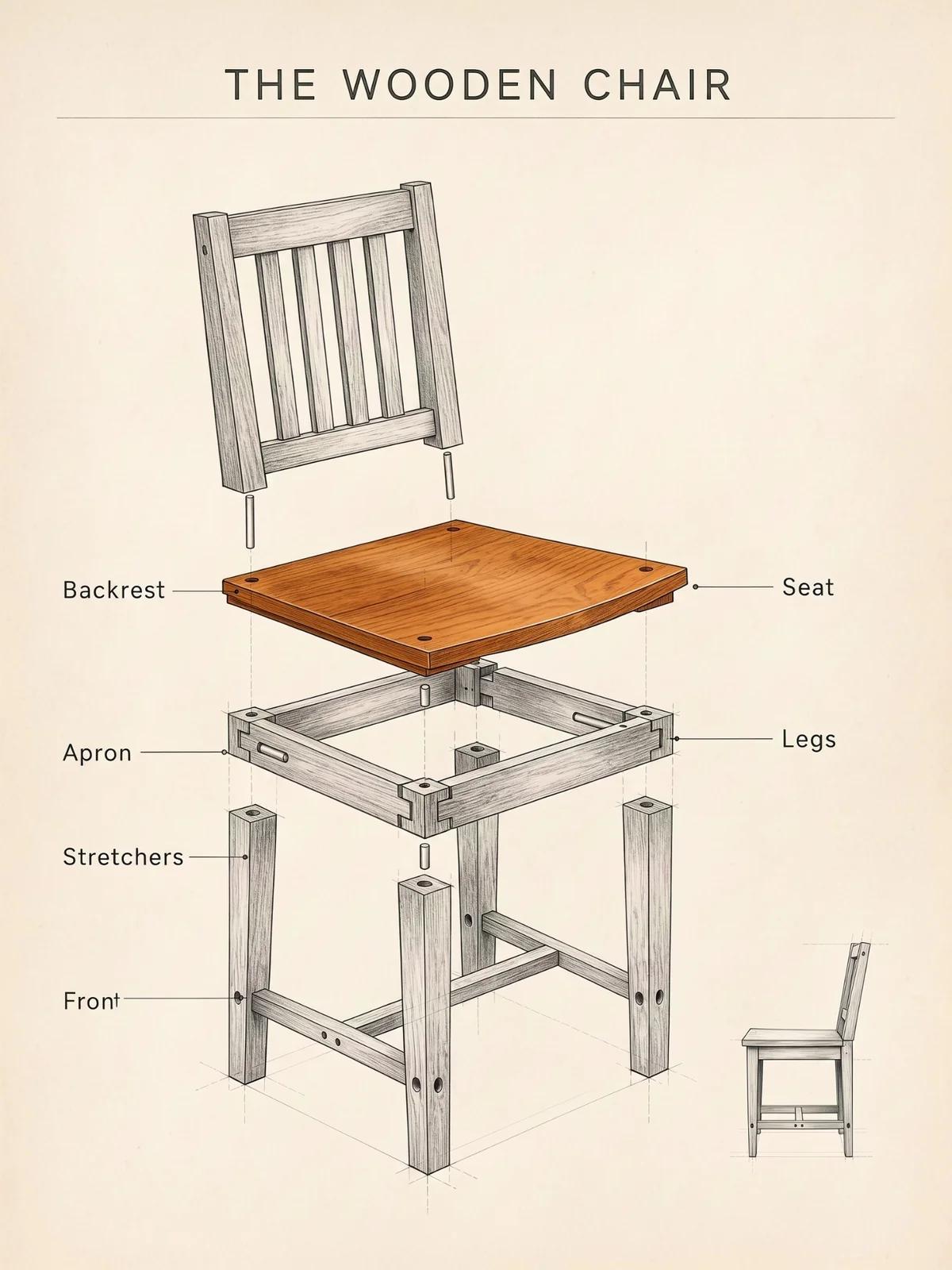 Exploded pencil drawing of a wooden chair with labelled parts on cream paper