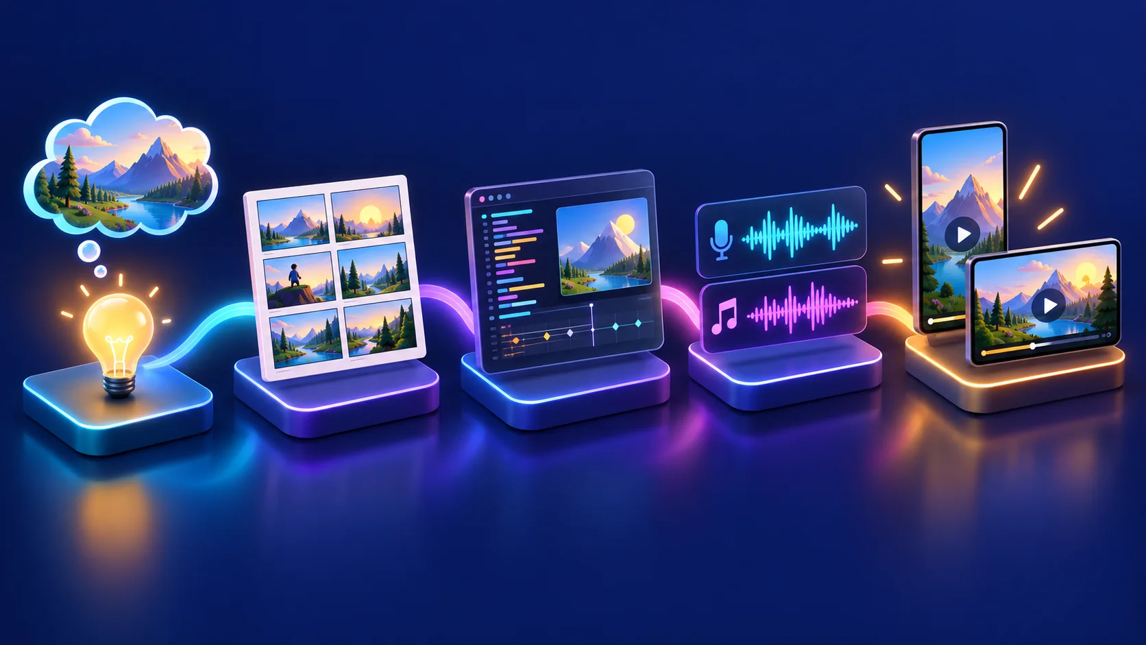 Five-stage concept diagram showing an idea becoming a storyboard, animation code, synchronized audio and finished video formats