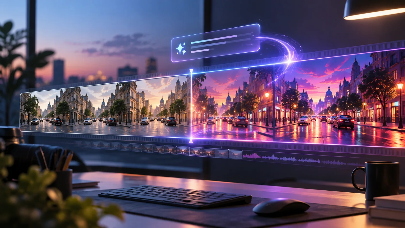 Concept illustration of a live city video changing into a vivid evening scene through an AI editing instruction