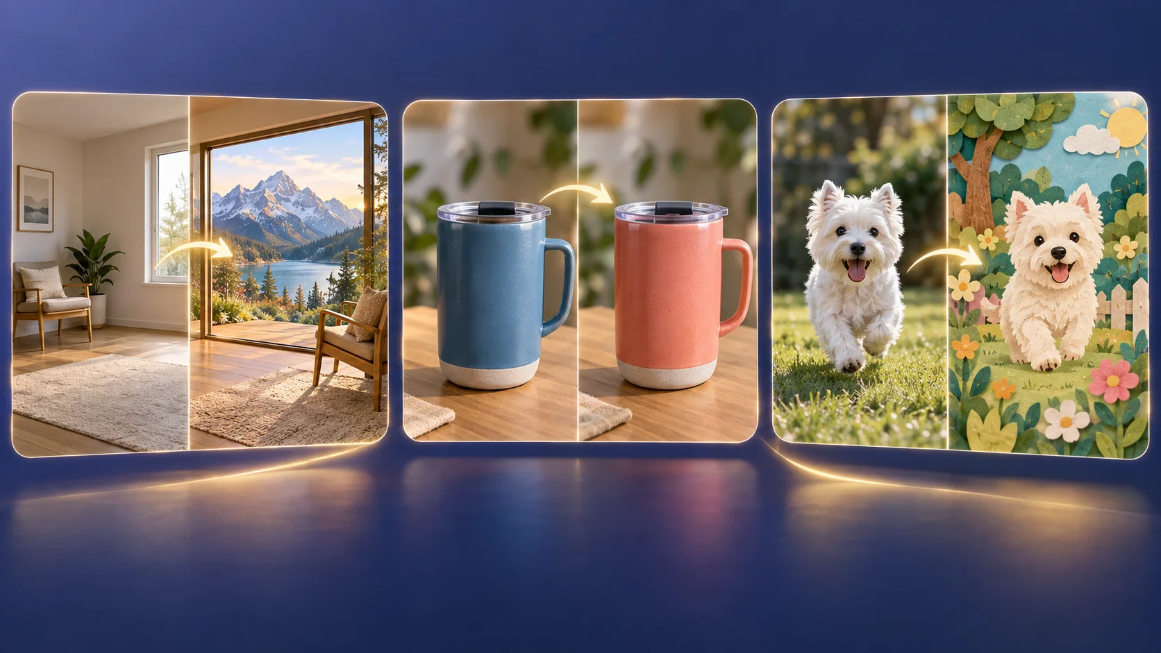 Three concept examples of background replacement, product recoloring, and pet video stylization