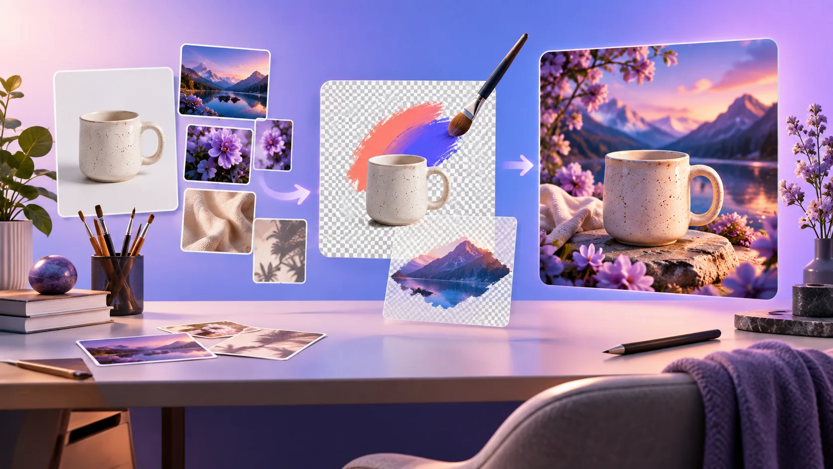 Editorial illustration of reference images, a transparent layer, an editing brush, and a finished product scene