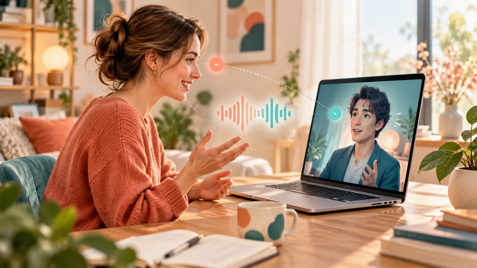 Concept illustration of a person talking with an expressive AI avatar through a laptop, with audio and visual interaction cues