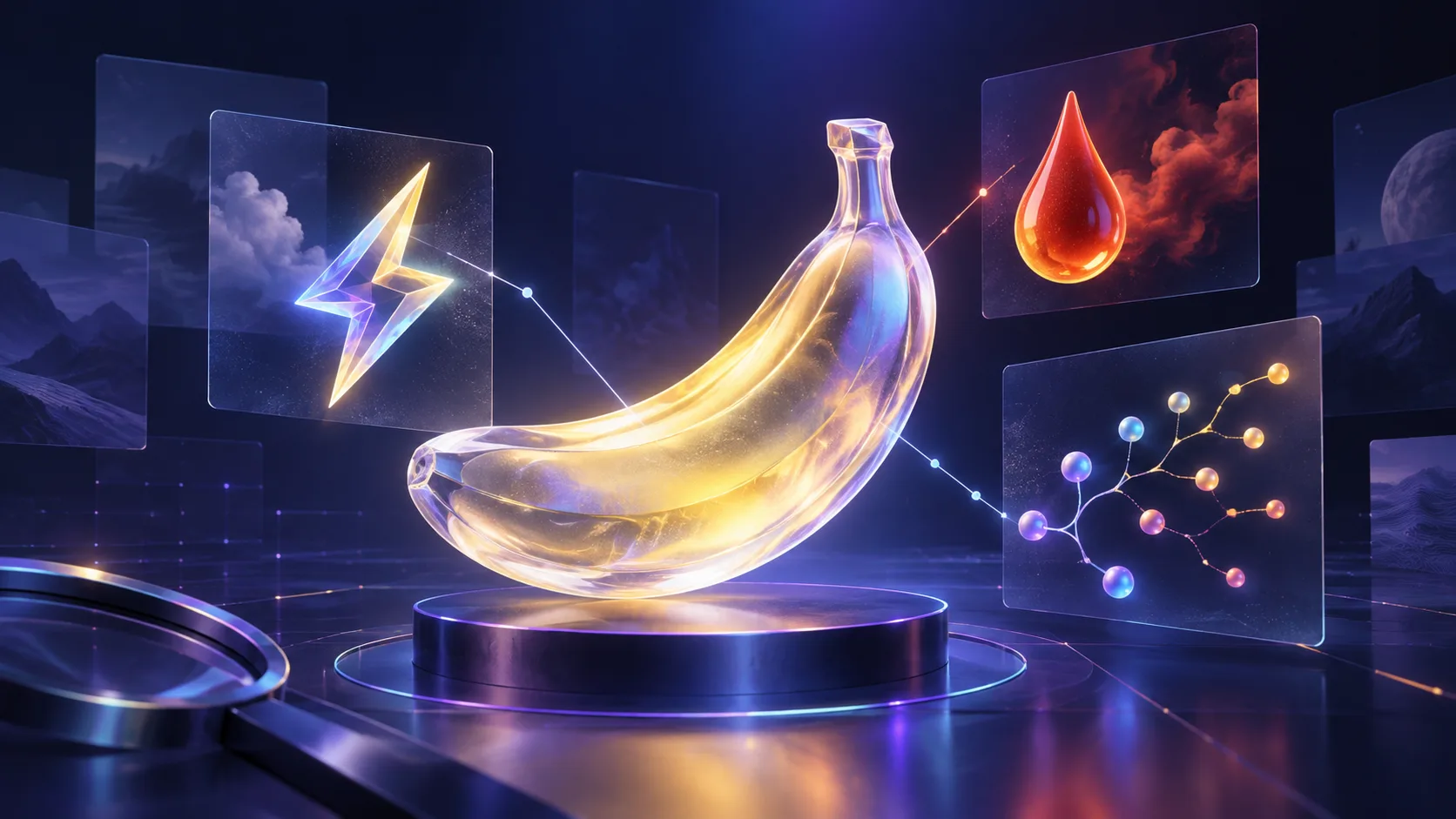 Glass banana surrounded by a flash prism, a spicy droplet, and branching evidence paths