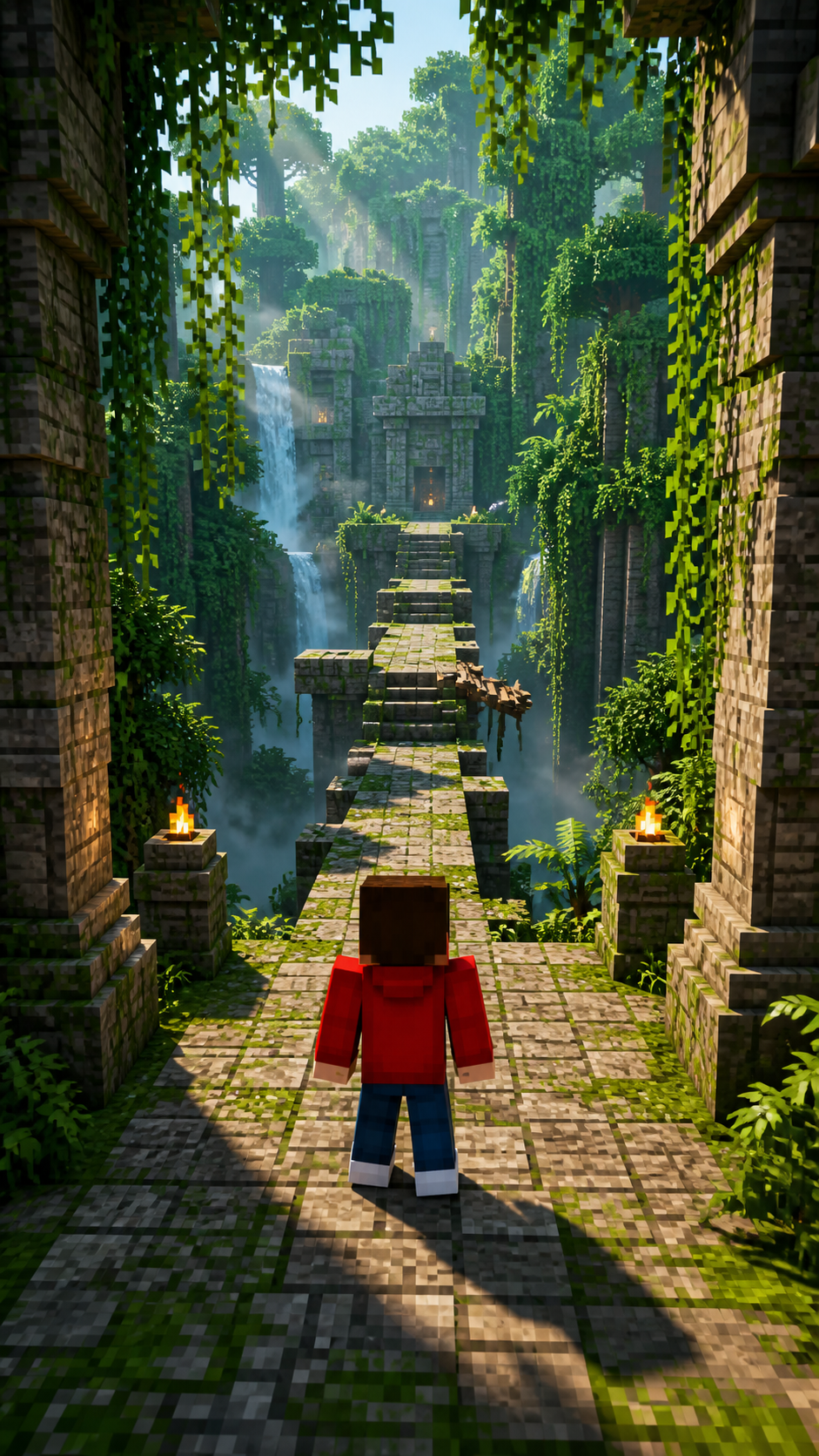 Red-hooded voxel character at the entrance to a jungle temple parkour course