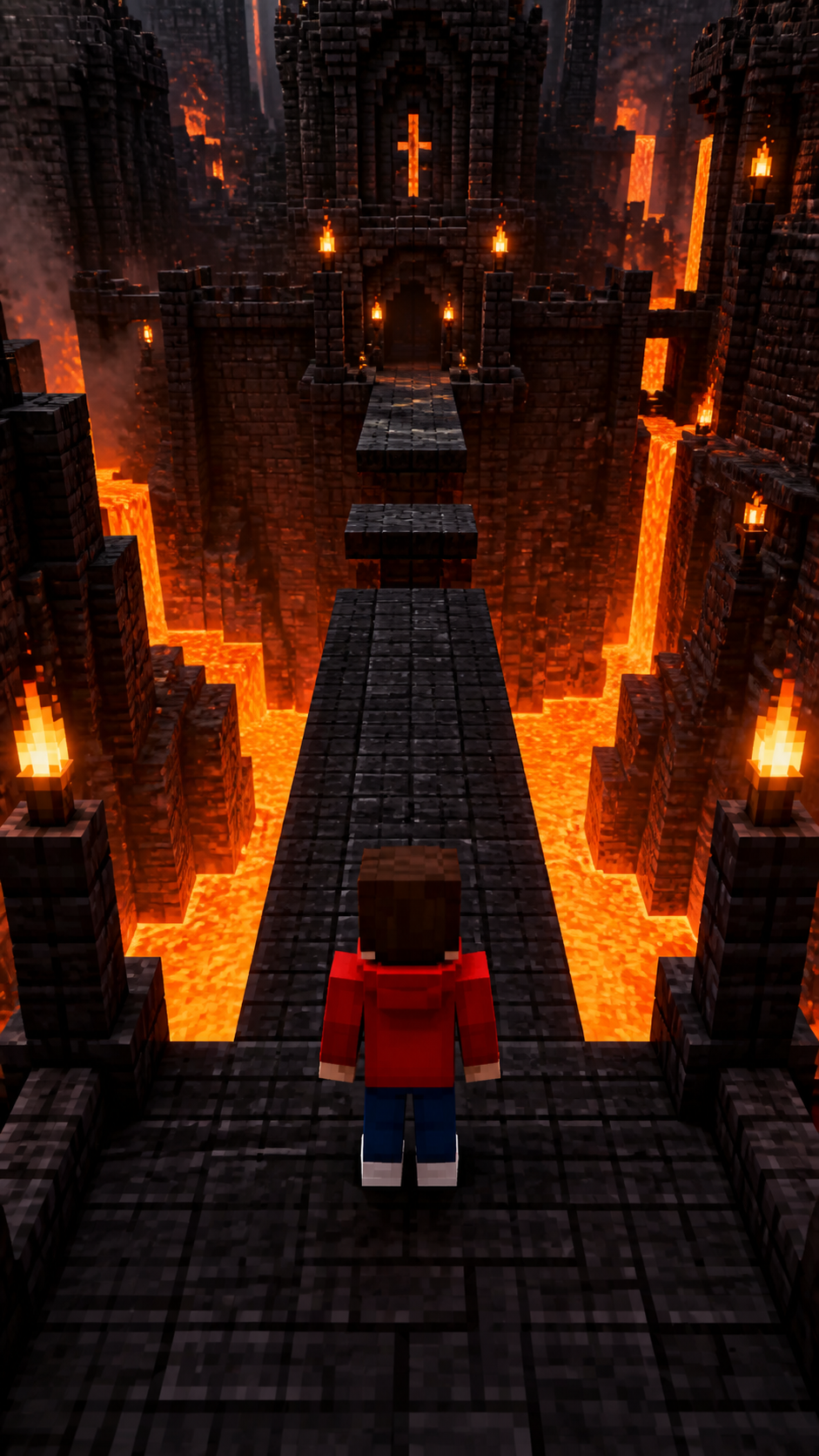 Red-hooded voxel character preparing to cross a lava fortress bridge