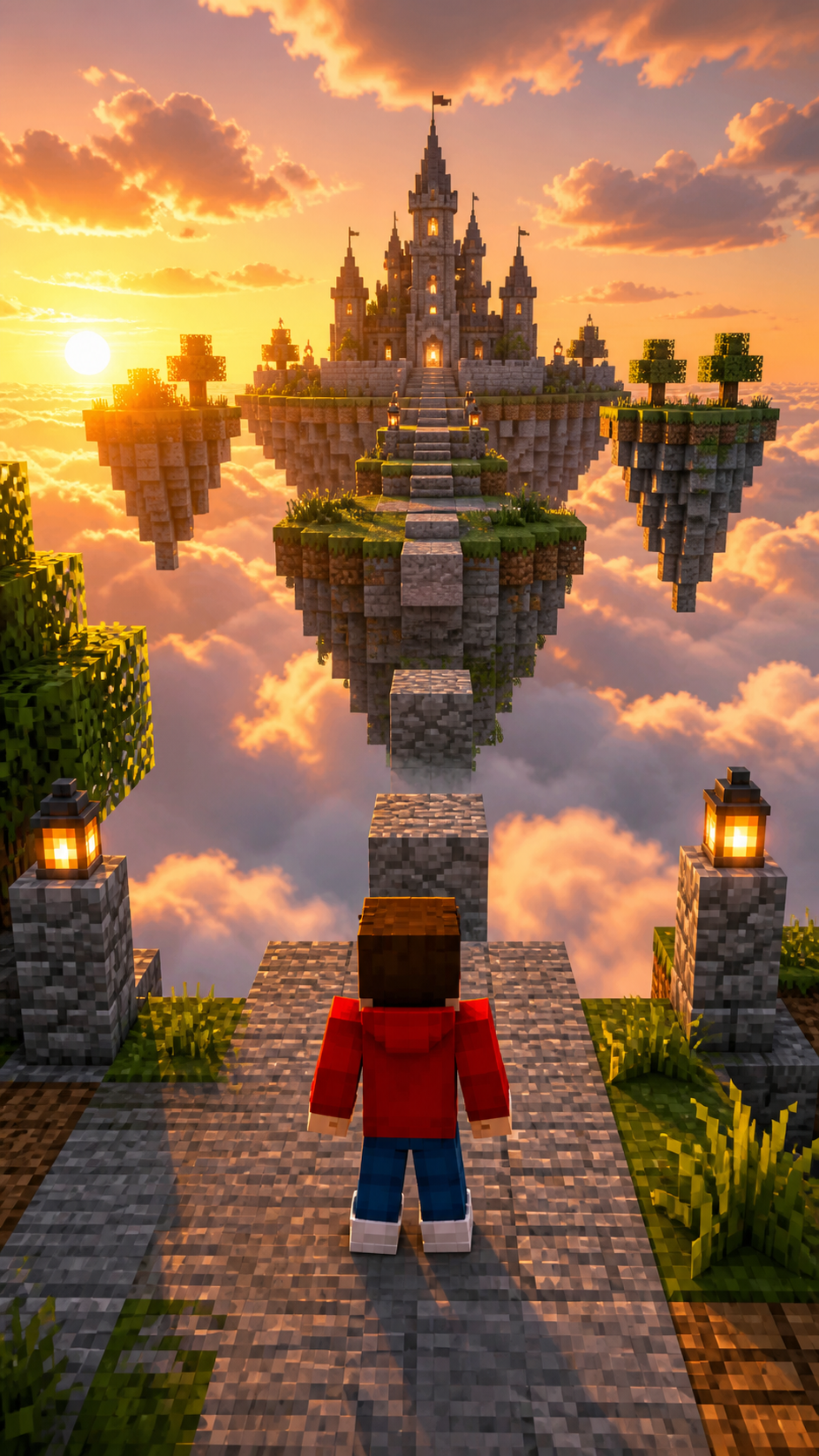 Red-hooded voxel character facing a floating castle parkour route at sunset