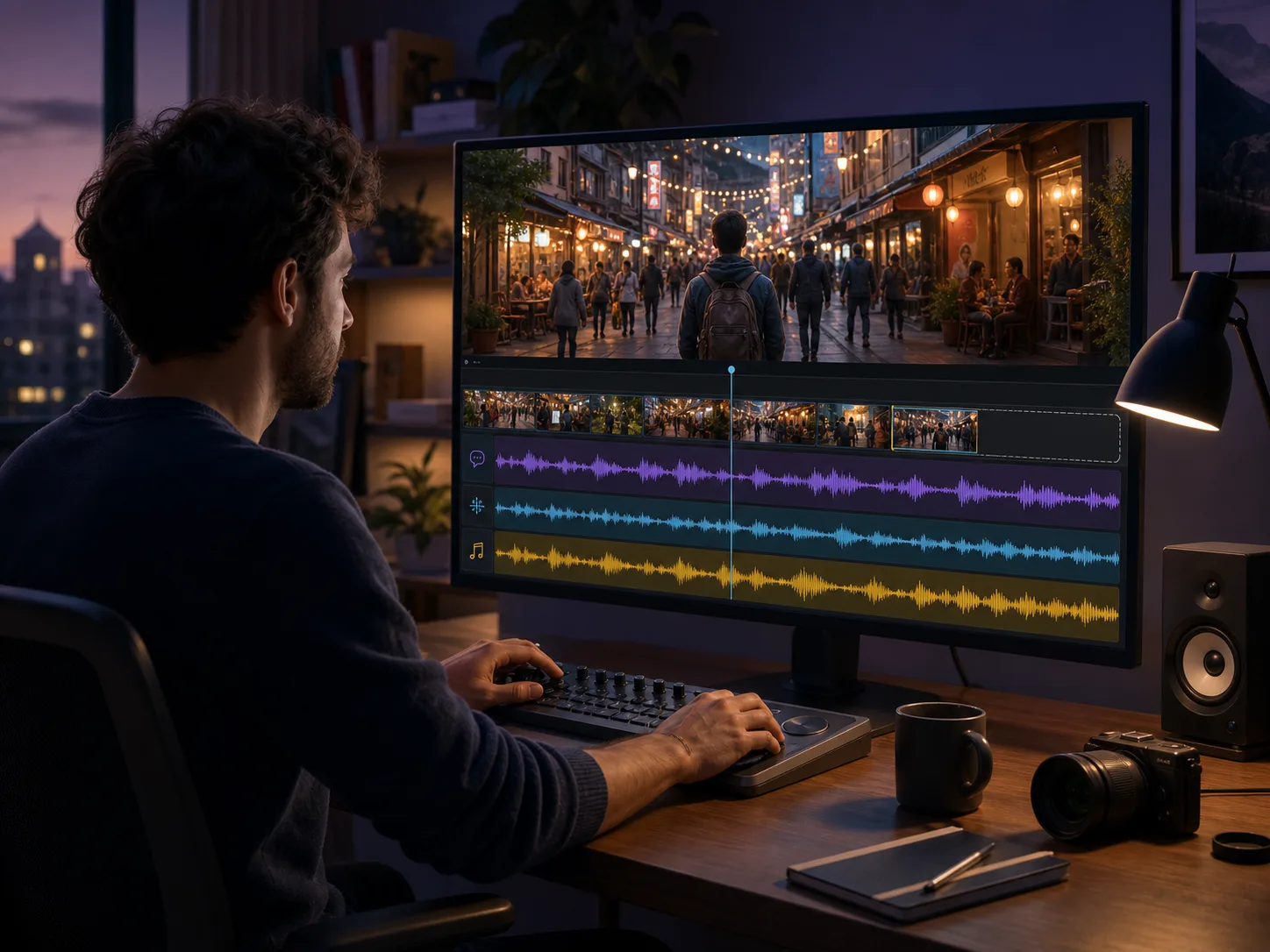 Concept illustration of a travel-video creator editing a scene with separate dialogue, ambience, and music waveforms
