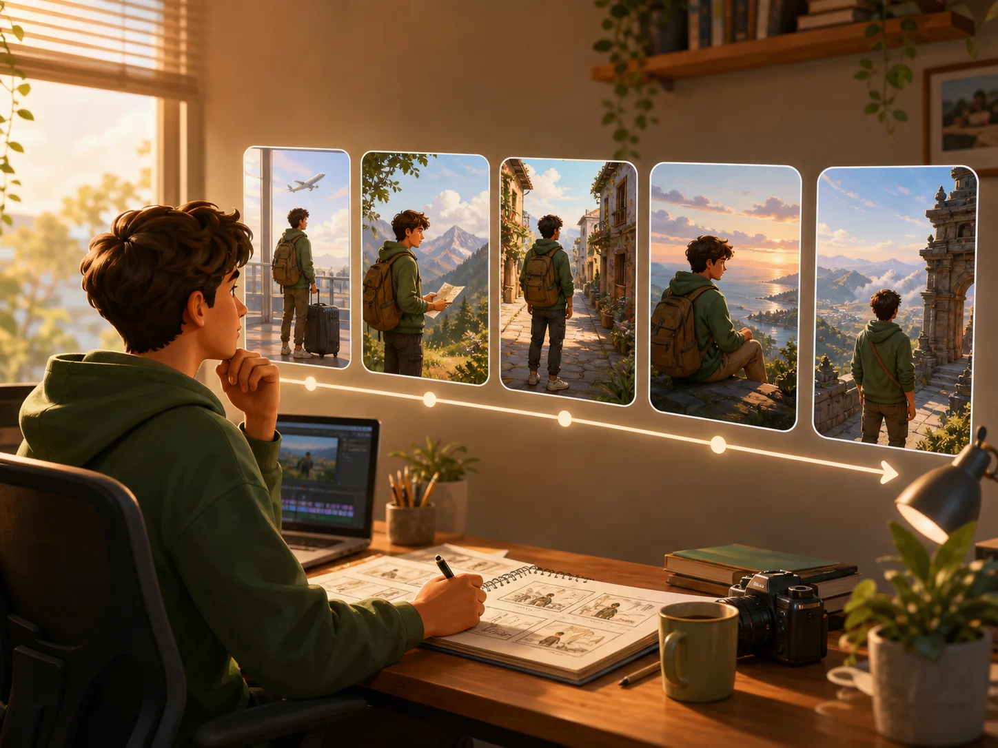Concept illustration of a creator planning a consistent travel story across connected video frames