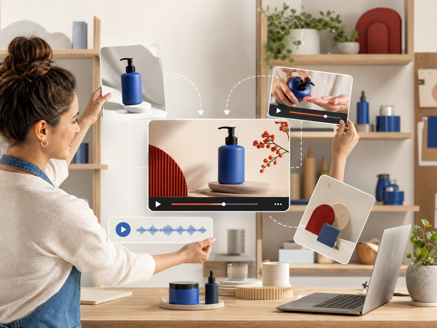 Concept illustration of a small shop owner combining product photos, a demonstration clip, audio, and a style reference