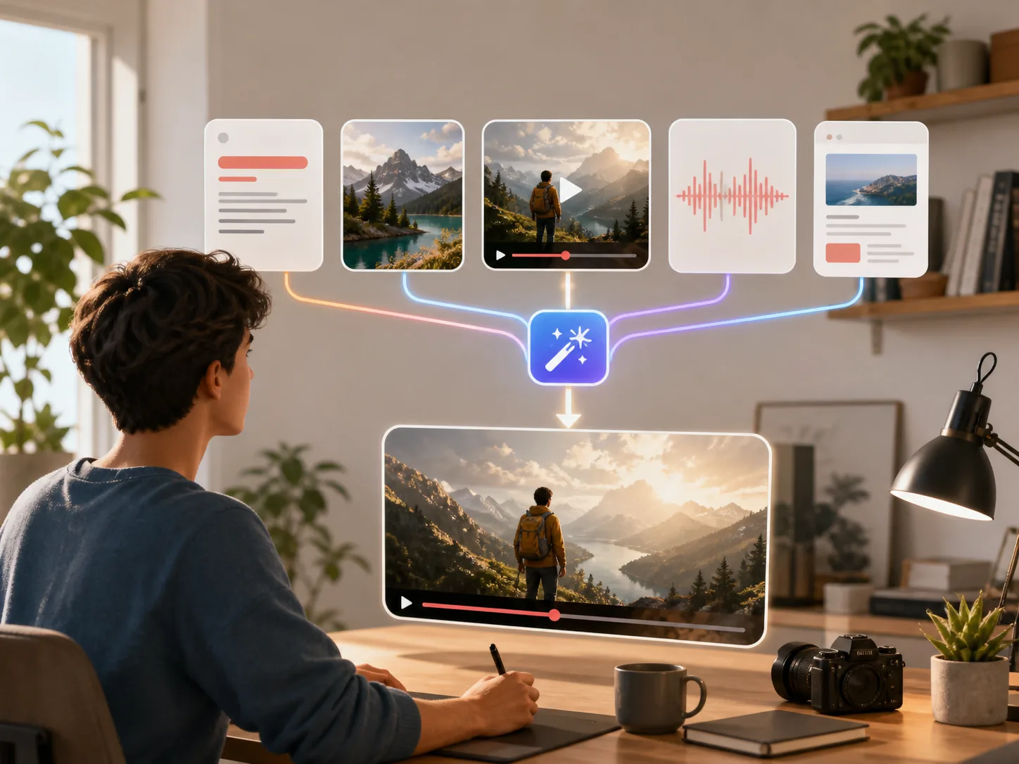 Concept illustration of a home creator combining text, image, video, audio, and webpage inputs into one video workflow
