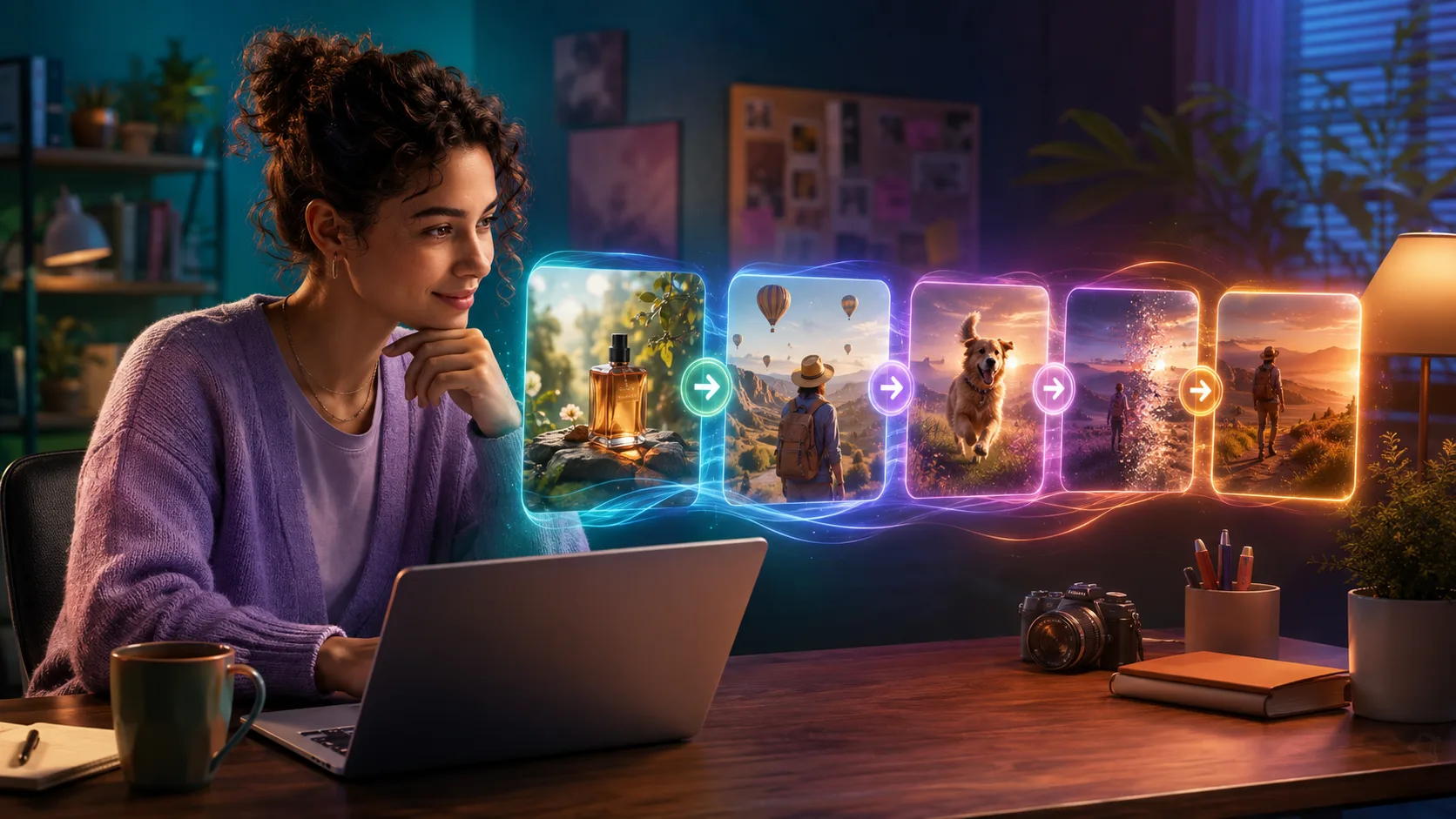 Creator planning a connected sequence of product, travel, pet, transition, and extension scenes