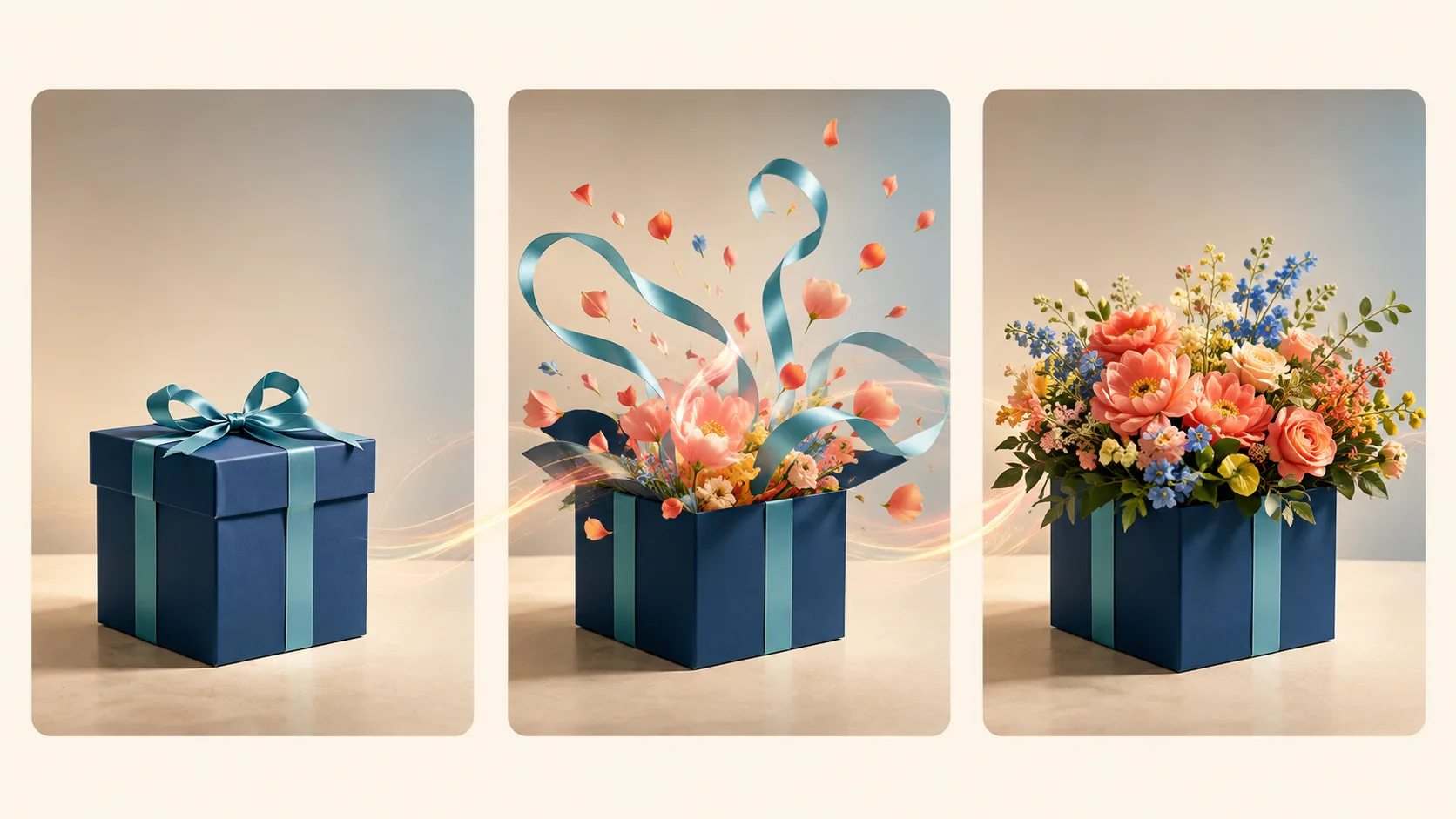 Three-panel illustration of a closed gift box transitioning into a flower arrangement